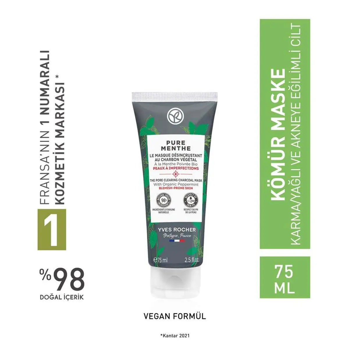 Yves Rocher Karma, Yağlı ve Akneye Eğilimli Ciltler İçin Kömür Maske 75 ml