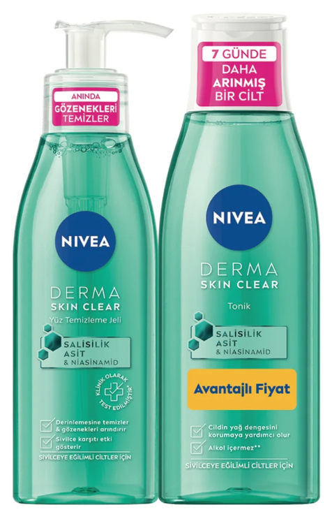 Nivea Derma Skin Clear Yüz Temizleme Jeli 150 ml + Nivea Derma Skin Clear Tonik 200 ml Set