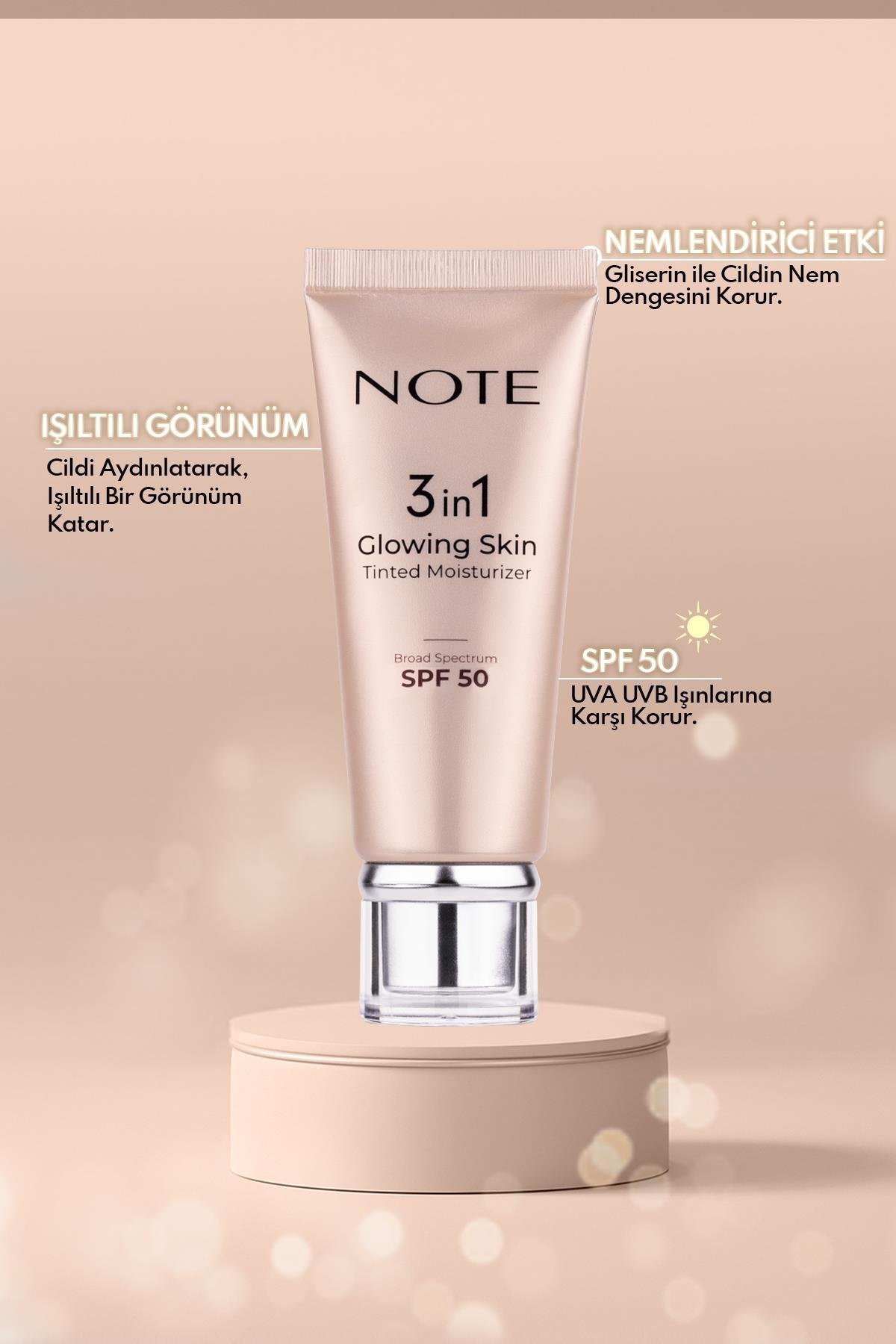 Note Cosmatics 3 in 1 Glowing Skin Tinted Moisturizer 50 SPF Işıltılı Aydınlatıcı Krem